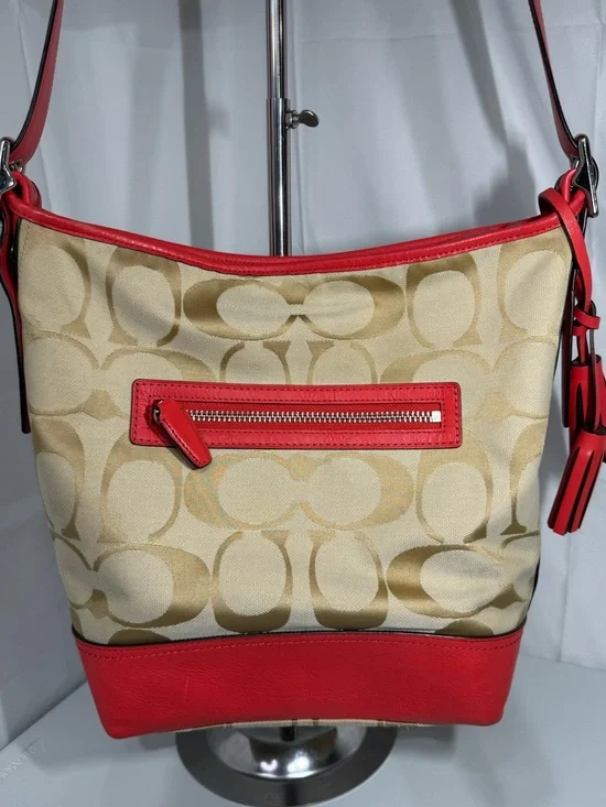 Coach Signature Canvas Red Leather Trim Large Shoulder Bag Hobo Tassel - Picture 6 of 16